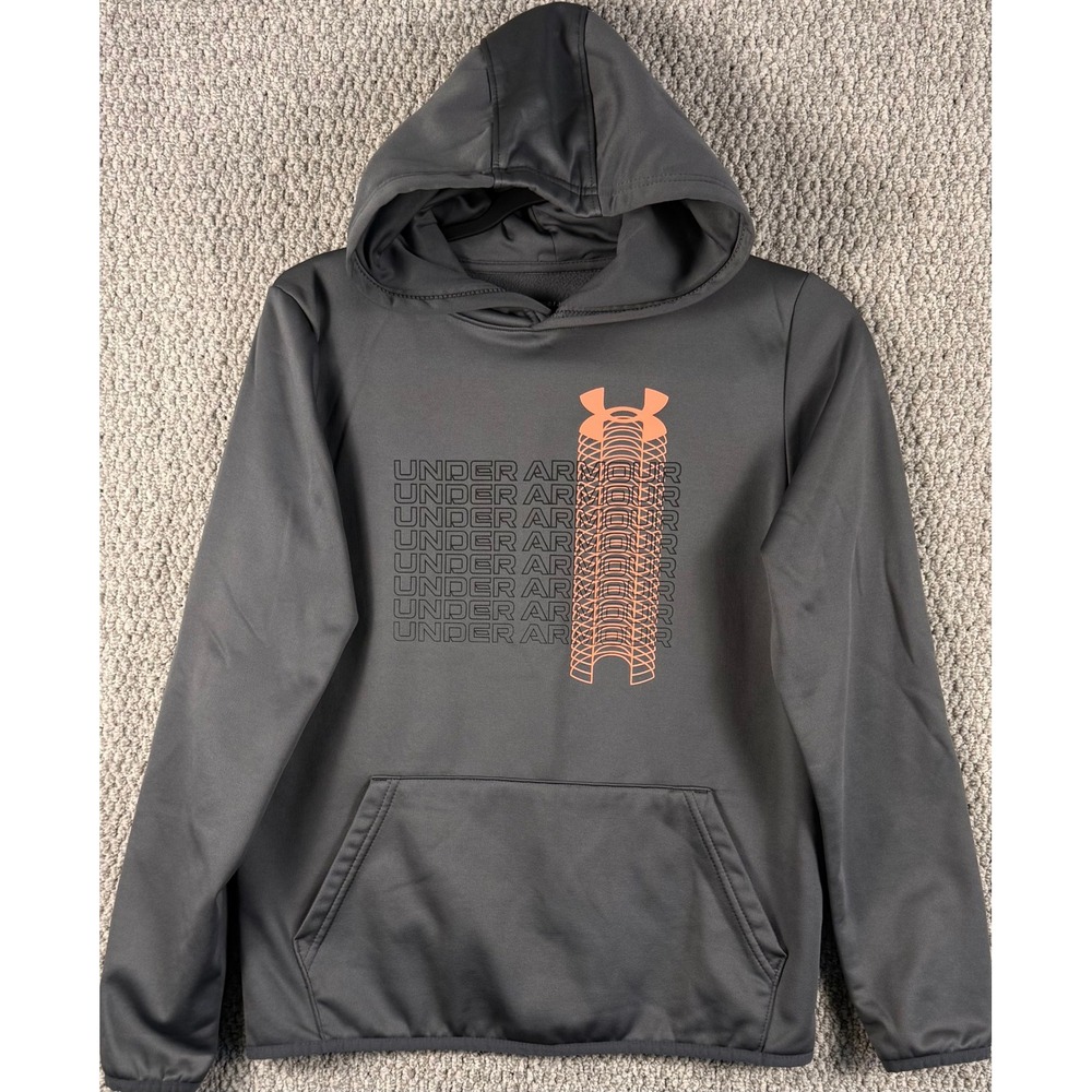 Under Armour Boys Fleece Hoodie Size YLG Gray Orange Pullover Sweatshirt